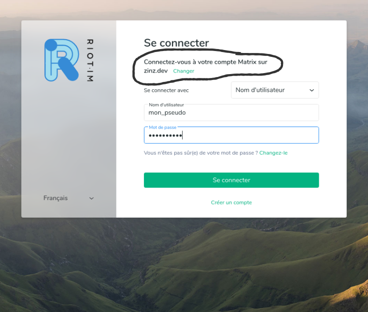 De retour sur le formulaire de connexion avec le bon serveur d'accueil