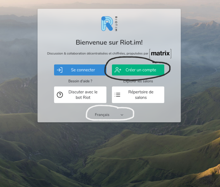 Capture de l'écran de bienvenue de Riot