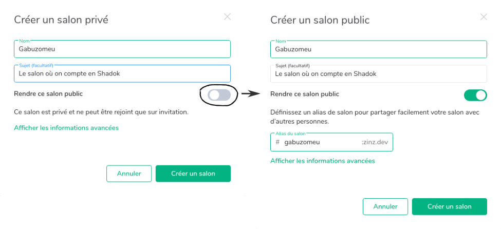 Les deux écrans de création de salon (privé et public). Le bouton « Rendre ce salon public » est entouré, montrant qu'on passe à l'écran de création de salon public en cliquant sur ledit bouton.