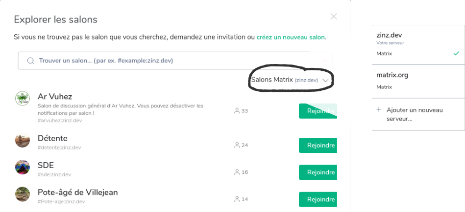 L'écran « Explorer les salons », sa barre de recherche, sa liste des salons public du serveur d'accueil, et son menu déroulant pour lister les salons d'autres serveurs.