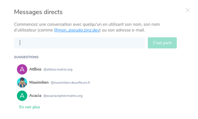L'écran « Messages directs », qui nous suggère quelques contacts et nous demande de rentrer le nom, l'identifiant ou le mail de la personne avec qui nous voulons parler.